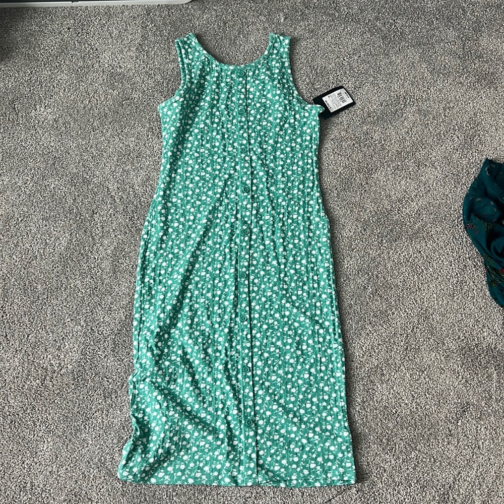 green flower print button up dress